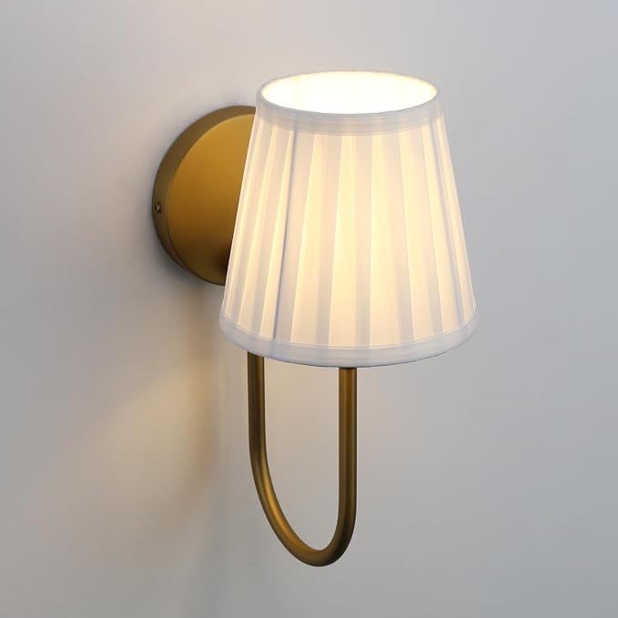 Hardwired Set of 2 Wall Sconces White Pleated Fabric Shade, Vintage Curved Arm Bathroom Vanity Lights, Indoor Wall Decor Lamp for Living Room, Bedroom, Foyer