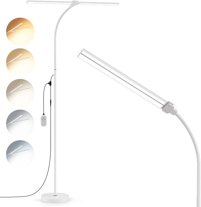 Dual-head LED Floor Lamp 20W 1400LM Adjustable Neck Bright Light White | Adjustable Brightness & Color Temperature, Modern Corner Tall Standing Lamp for Living Room Office Bedroom Reading