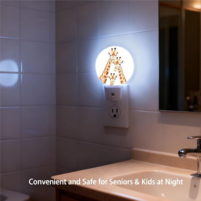 Plug-in Watercolor Giraffe Family Portrait Night Light Cute Animal Nightlight with Dusk to Dawn Sensor, Auto On/Off 0.5W Energy-Saving LED Lighting for Men Women Boys Girls Gift