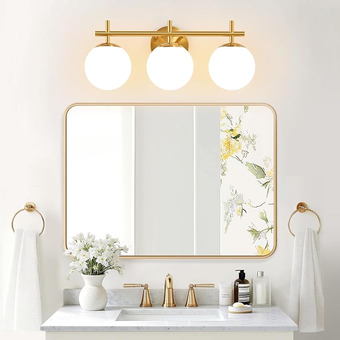 3-Light Bathroom Light Fixtures, Brushed Gold Vanity Lights for Bathroom with Milky White Glass Globe Shade, 19.3 inch Bathroom Lighting Fixtures Over Mirror, Wall Sconce for Bedroom(Bulb Not Included