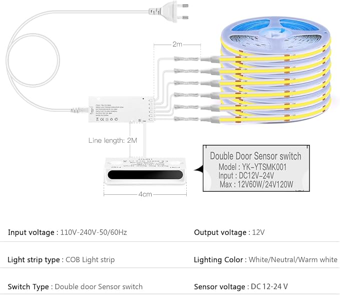 AIMENGTE 12V COB LED Cabinet Lights Strip with Dual-Door Sensor, 6 x 3.3ft Cuttable Under Cabinets Lighting for in-Cabinet, Locker, Closet, Showcase, Gun Safe (Warm White)