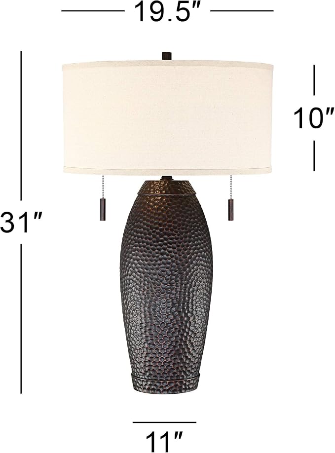 Noah 31" Large Table Lamp Dimmer Bronze with USB Charging Port | Hammered Brown Industrial Farmhouse Vintage Rustic Living Room Bedroom House Bedside Nightstand Home Oatmeal Drum