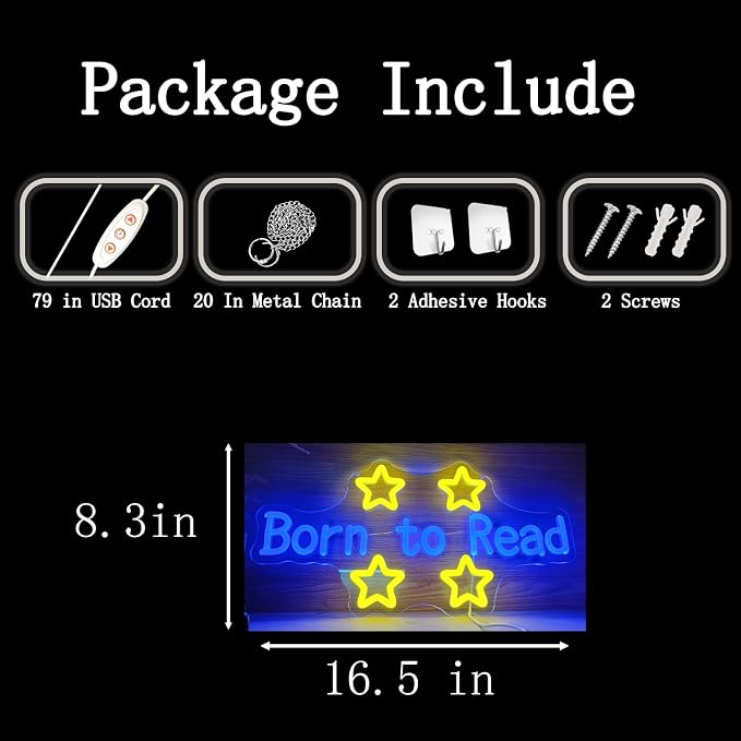 Born to Read Neon Sign LED Letter Lights Dimmable USB Powered Wall Decor for Classroom Library Reading Nook Teacher Student Book Lover Gift (16.5x8.3in)