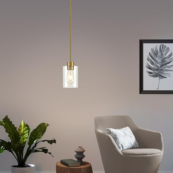 Modern Farmhouse Brass Gold Pendant Lights, Mini Hanging Light Fixture with Clear Glass Shade, Adjustable Rods for Kitchen Island, Sink, Bar (1 Pack)