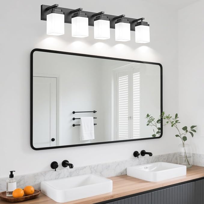 Matte Black Bathroom Light Fixtures, 5 Lights Bathroom Lighting Fixtures Over Mirror, Square Design & Rectangle Large Backplate, Modern Vanity Lighting Fixtures, for Living Room/Bedroom