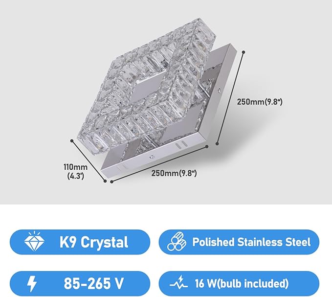 Mini Modern Crystal Chandeliers Square Flush Mount Ceiling Light LED Chandelier for Hallway Kitchen Foyer Dining Room,Dia 9.8",18 W 6000K