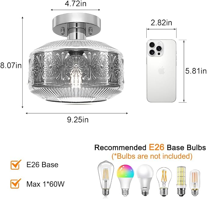 DSMJFU Semi Flush Mount Ceiling Light, Vintage Small Ceiling Light Fixture, Smokegray Thickened Glass Hallway Lighting Fixture, Chrome Kitchen Ceiling Mount Light for Entryway Bedroom Bathroom Kitchen