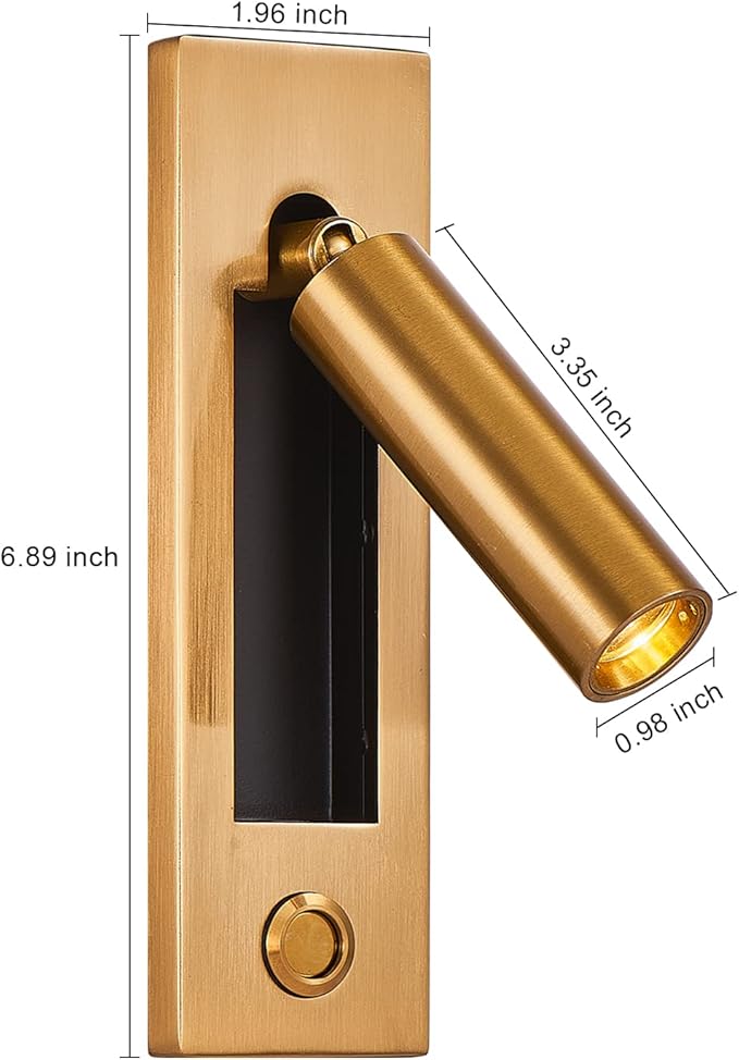 LED Wall Mounted Bedside Light, Adjustable Recessed Headboard Light with Switch, Wall Sconce for Reading, Hardwired Spotlight for Bedroom (Gold)