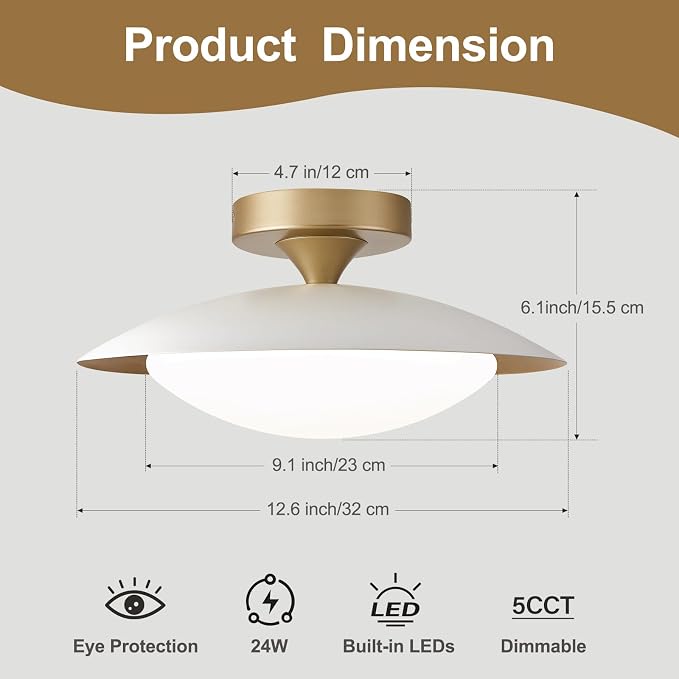 Dimmable Modern Mid-Century LED Ceiling Light, White and Gold, 12.6 Inch | Semi Flush Mount Ceiling Light, 5CCT 2700K-6000K Lighting Fixture Ceiling Lamp with Glass Shade for Bedroom Hallway Kitchen