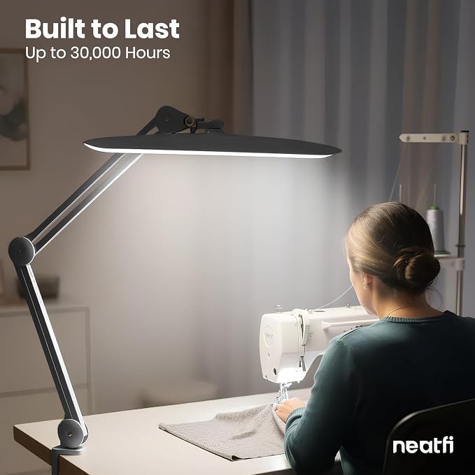 Neatfi XL 2200 Lumens 24W LED Desk Lamp – Shadow-Free Task Lighting | 4-Level Dimming | Home Office & Crafts Use | 20-Inch Wide Head (Space Gray, Non-CCT with Clamp)