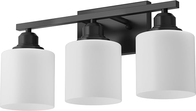 3-Light Bathroom Vanity Light, Anti-Rust Matte Black Bathroom Light Fixtures Over Mirror, Modern Bathroom Lights Wall Mount with Milky White Glass Shades, E26 Base Vanity Lighting