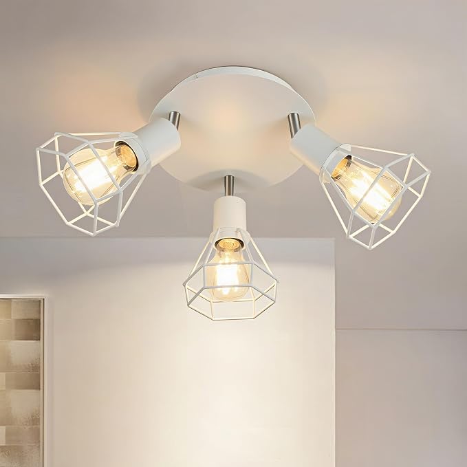 HiBay 3-Light Ceiling Track Lighting Fxiture White, Modern Spotlight, E26 | Rotatable 3 heads with farmhouse metal cage shade for kitchen bedroom dining room, bulb not included