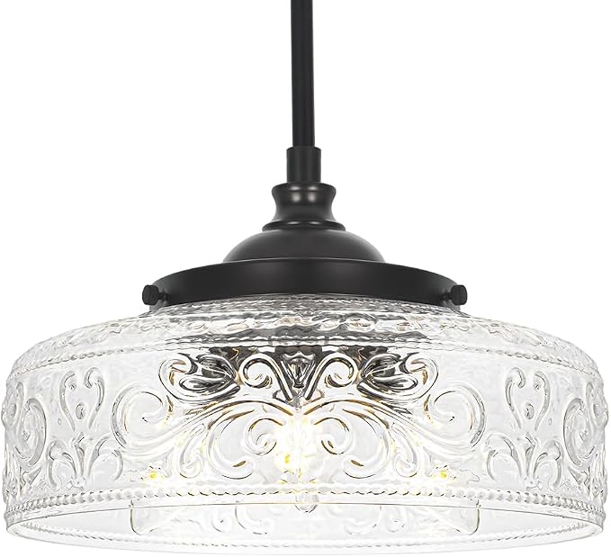 Black 3-Light Pendant Light with 12in Glass Shade, Farmhouse Pendant Lights Kitchen Island, Adjustable Hight & Angle Bathroom Pendant Ceiling Hanging Light Fixtures for Home Bedroom Hallway, 3*E12