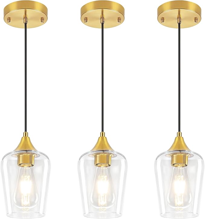 3-Pack Modern Pendant Lights Kitchen Island Brushed Gold Glass Pendant Lighting Over Island Kitchen Hanging Light Fixtures Adjustable Pendant Lights for Dining Room Bathroom Bedroom