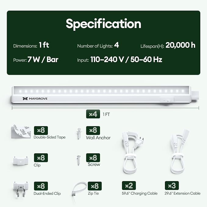 Grow Lights for Indoor Plants, Sunlike Full Spectrum 5000K 1FT LED Growing Lamp 28W (4 x 7W), T5 Grow Light Strip for Seed Starting, Vegetables, Linkable, White, 4-Pack