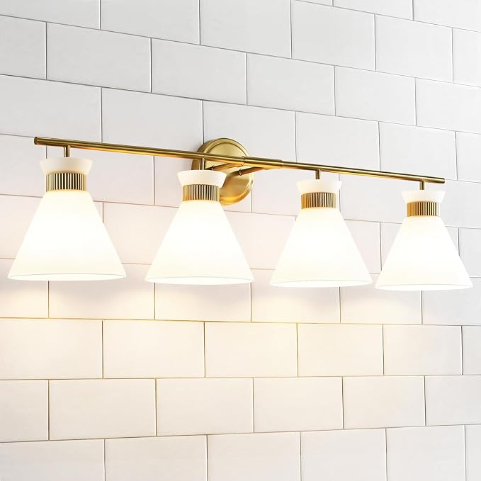 WOSHITU Bathroom Vanity Light Fixtures: 4 Bulb Mid Century Modern Vanity Lights for Bathroom, Brass Gold Wall Sconce Lighting with Frosted Milky Glass for Over Mirror Bath