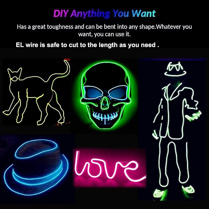 MaxLax EL Wire Purple 10-Pack, 16.4ft/5m Neon Light Wire with Noise Reduction and Battery Pack…
