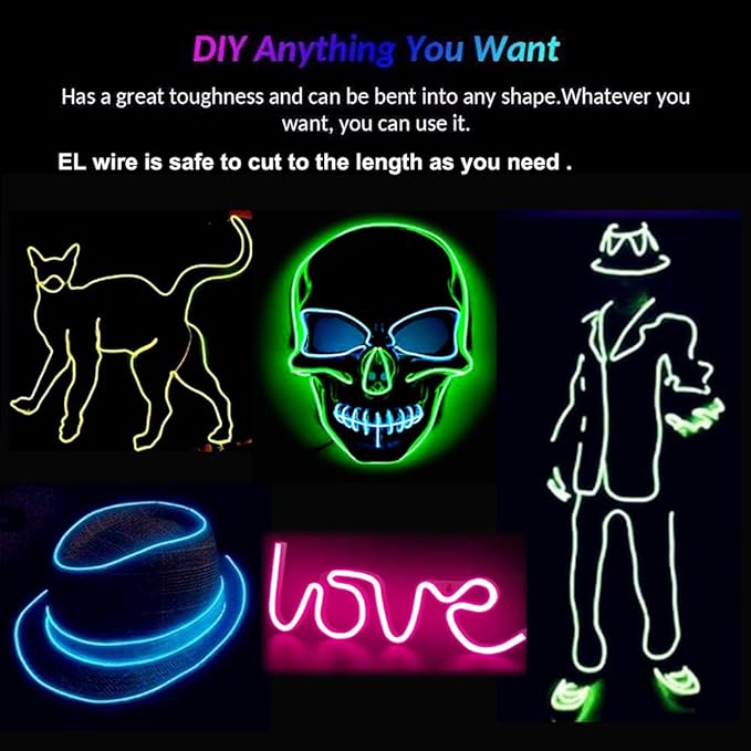 MaxLax EL Wire Yellow 10-Pack, 9ft/2.75m Neon Light Wire with Noise Reduction and Battery Pack…