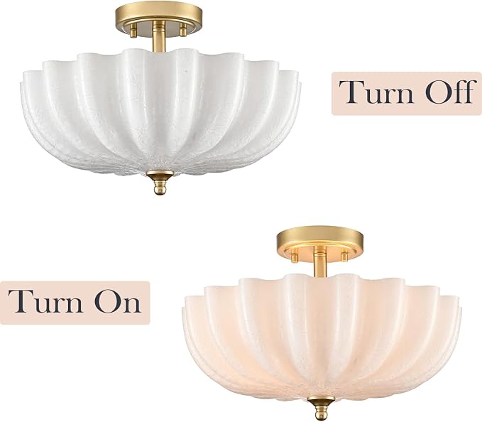 Modern Gold Milky Crackle Glass Semi Flush Mount Ceiling Light | Flower Scalloped Shade 3-Light Brushed Brass Ceiling Light for Bedroom Entryway Living Room