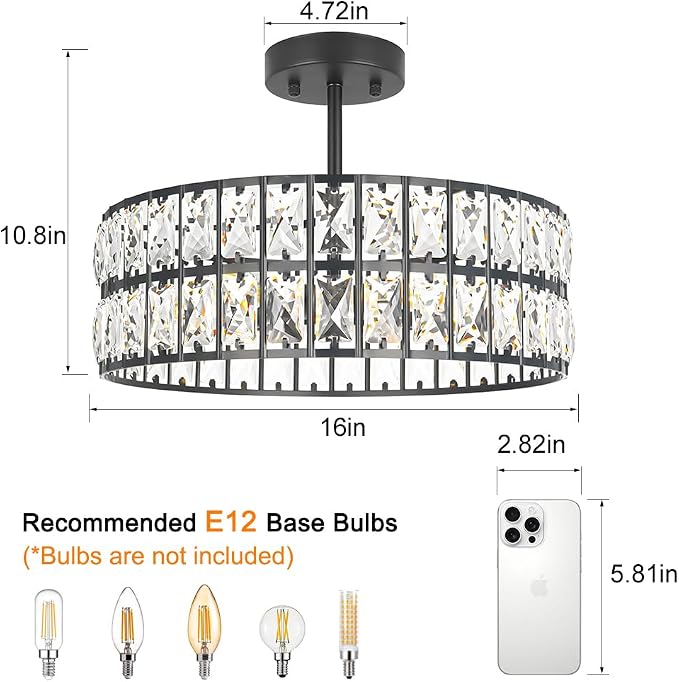 Lxybcce Crystal Ceiling Light Fixture, Modern Matte Black Ceiling Light Chandelier, Semi Flush Mount Chandelier Lighting Fixture for Kitchen Entryway Living Room Dining Room, 5-Light, 16 Inch