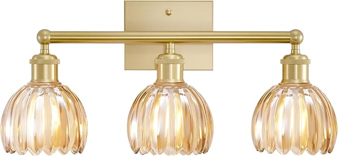 Bathroom Vanity Light 3 Light, 20 in Brushed Brass Bathroom Light Fixtures, Vintage Wall Sconces,Bath Vanity Lights Over Mirror with Amber Tulip Glass Shade for Bedroom Living Room,E26 Base