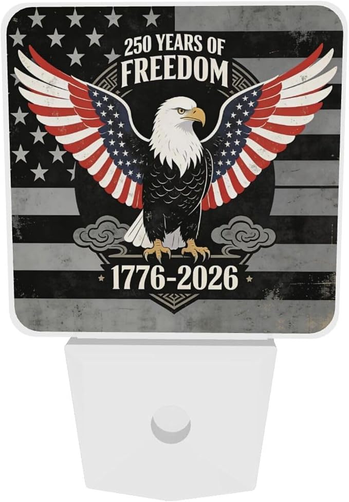 250 Years Anniversary of USA Night Light Set of 2, Patriotic Eagle Auto Sensor LED Dusk-to-Dawn Nightlights, Plug-in Sensor Lamp for Bedroom Bathroom Kitchen Hallway Stairs Decorative