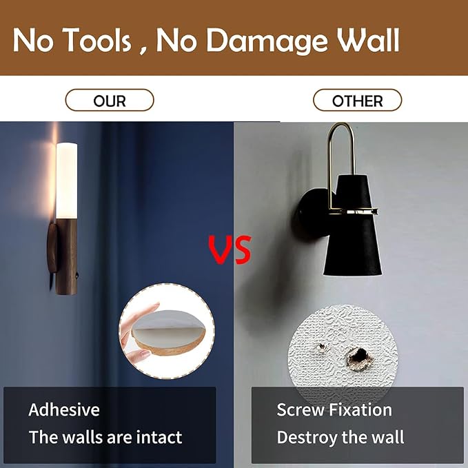 LANDGOO Wooden Motion Sensor Night Lights, | Magnet Body Hallway Rechargeable LED Wireless Battery Operated Wall Sconce
