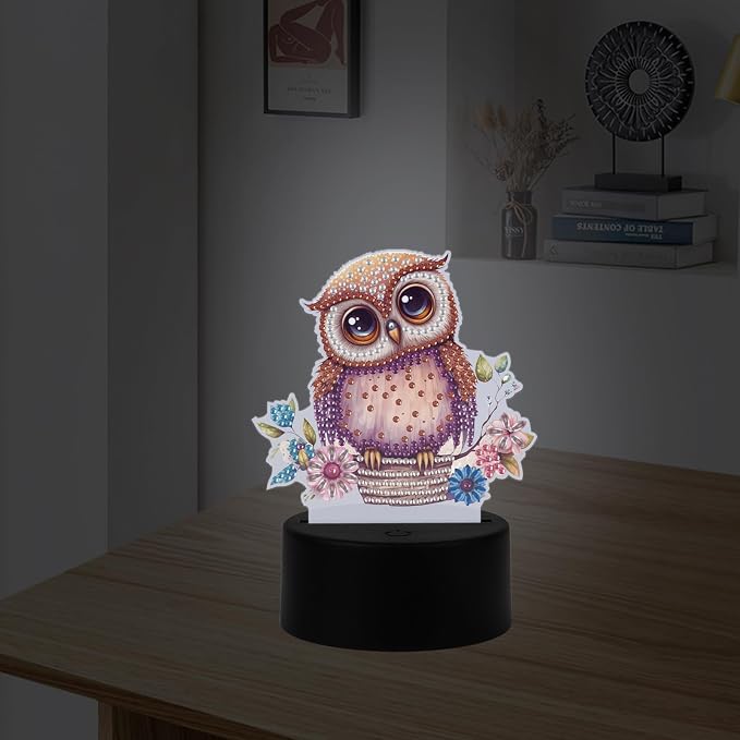 JISHSHAY Diamond Painting Night Light Diamond Art Table Lamps Gem Art LED Lights Gem Painting Desk Lamp Mosaic Kits for Adults DIY Kits for Adults Paint by Numbers, with Special Shaped Crystal, Owl