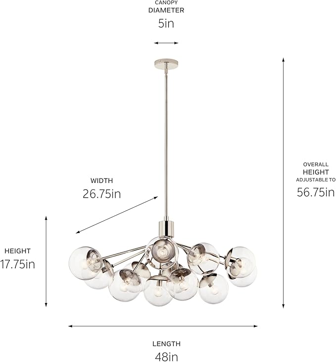 Kichler Silvarious 12-Light Linear Convertible Chandelier, Soft Modern Light with Clear Glass in Polished Nickel, for Dining Room or Living Room (17.75" x 26.75" x 48"), 52703PNCLR