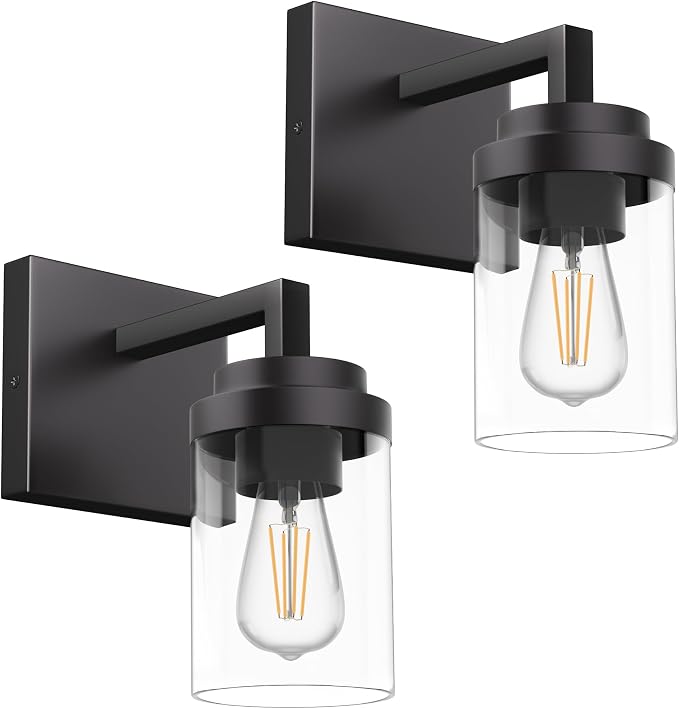 Matte Black Wall Lights, Set of 2 Wall Sconce with Clear Glass Shade, Farmhouse Sconce Lights, Wall Mount Lamp for Bedroom Mirror Living Room