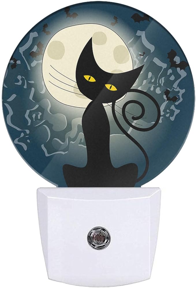 Plug in Fantasy Funny Cat Night Light Full Moon Bats Black Cat Fun Animal Plug-in Nightlight Auto On/Off Dusk to Dawn for Bedroom Bathroom Staircase Home Decor, LEDLAMP3013