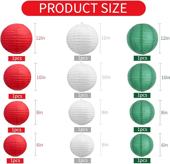 BEISHIDA 12Pcs Red White Green Paper Lanterns Decorative Hanging Round Paper Lanterns Lamp for Christmas,Birthday,Bridal,Wedding,Home or Outdoor Party Decoration