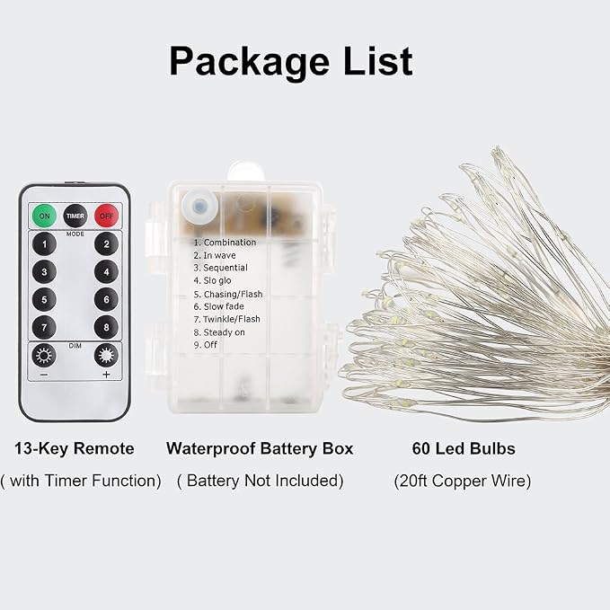 GDEALER 2 Pack 20 FT 60 LED Fairy Lights, Battery-Operated, White | Remote Control, Timer, 8 Lighting Modes, 10 Brightness Levels, Twinkle Lights for Bedroom, Party and Indoor Decor