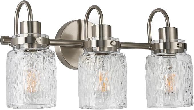 3 Lights Hammered Glass Bathroom Vanity Light,Brushed Nickel | Easy Installation,Up or Down,Farmhouse Modern Style,E26 Socket,ETL Certification