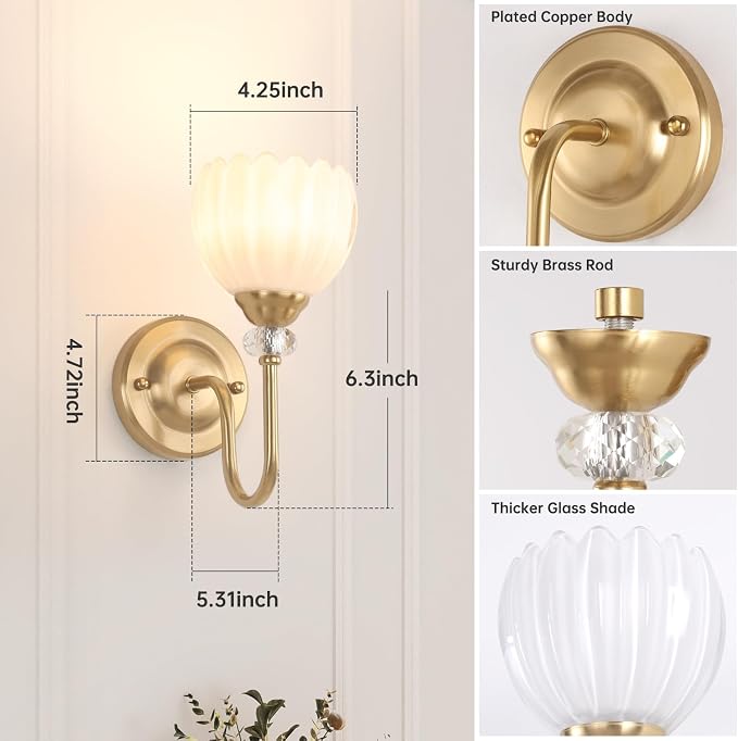 Set of 2 Vintage Battery Operated Wall Sconce, Rechargeable Wall Lamp with 5000mAh Battery & Remote Control, Dimmable Wall Lights with tulip shade for Bedroom Bathroom Living Room, (Tulip White Up)