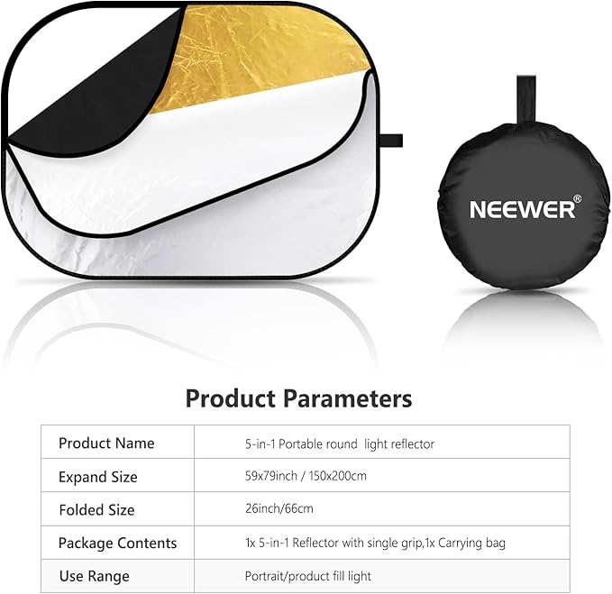 NEEWER 59"x79"/150x200cm Light Reflectors for Photography, Portable 5 in 1 Collapsible Multi Disc with Bag - Translucent, Silver, Gold, Black, White Diffuser for Studio and Outdoor Lighting
