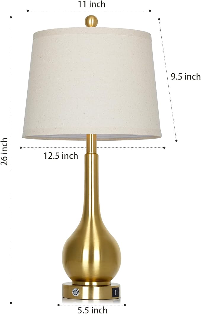 26" Gold Table Lamp for Living Room Single, Touch Control Bedroom Lamps for Nightstand, 3-Way Dimmable Bedside Lamp with USB A+C Port (1 Pack)