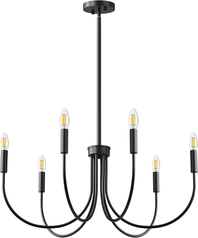 ropelux Dining Room Chandelier, 6-Light Black Farmhouse Light Fixtures Over Table, Hanging Height Adjustable Kitchen Island Lighting with E12 Base (Bulb not Included) for Foyer Bedroom Entryway