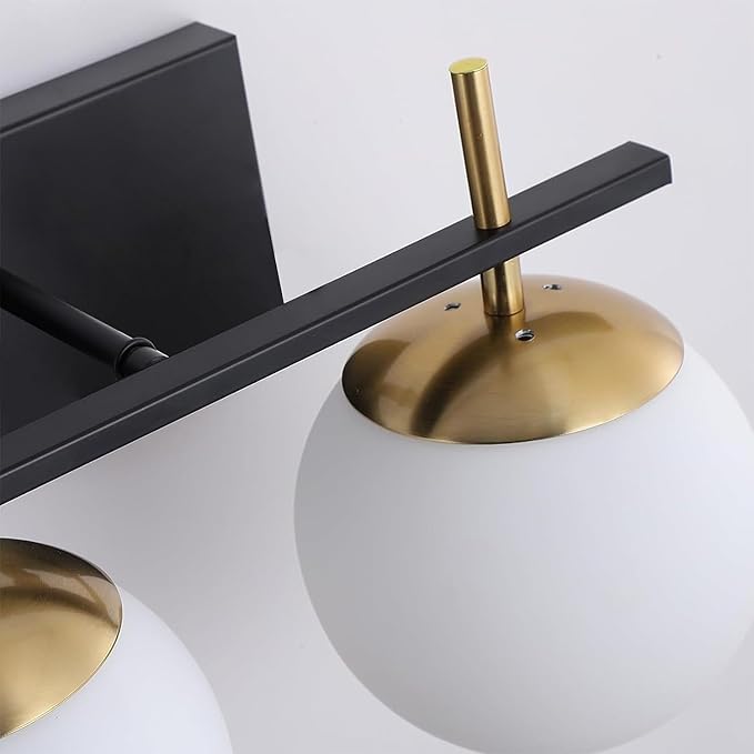 Mid Century 2-Light Bathroom Vanity Light Over Mirror, Black and Gold Modern Bathroom Light Fixtures with Milky White Frosted Glass Globe Shade, Wall Sconces for Bathroom, Stairs, Kitchen