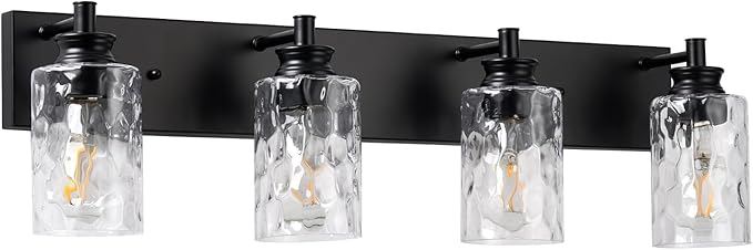 4 Light Bathroom Vanity Light Modern Black Bathroom Light Fixtures Over Mirror with Hammered Glass Lampshade for Kitchen Hallway