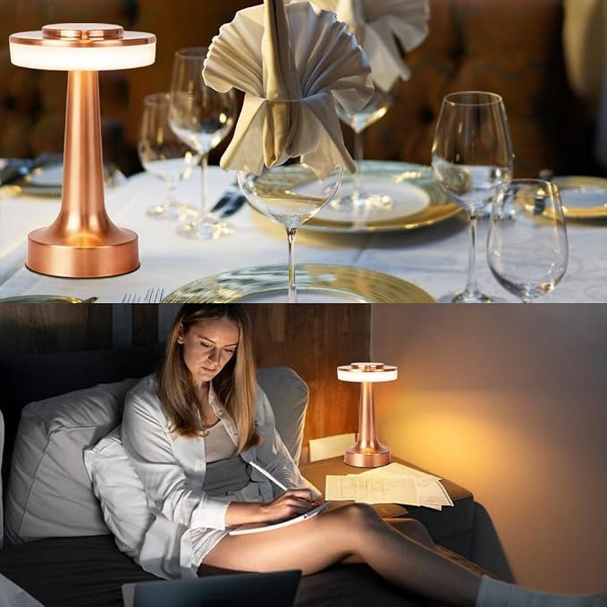 JHPGEOE Cordless Metal Desk Lamp, Touch Sensor Control LED Table Lamp,3 Color Stepless Dimmable Battery Powered Lamp for Living Room, Dorm, Home Office (Rose Gold)