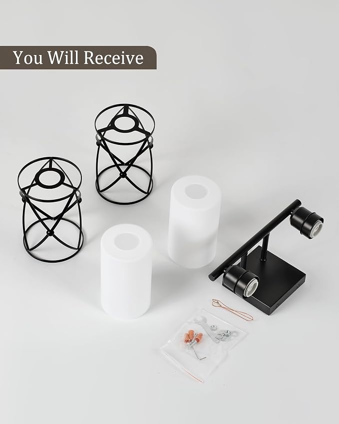 2-Light Black Bathroom Light Fixtures with Milk White Frosted Glass, 13.8" Modern Bathroom Vanity Lighting Fixtures Over Mirror with Metal Cage, Wall Sconce Lights for Bath, E26, CH9176BKW-2W