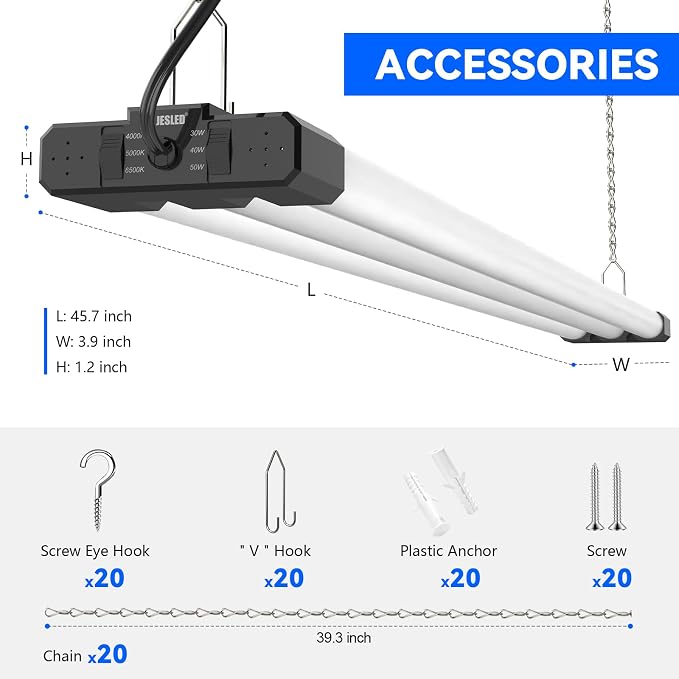 JESLED LED Shop Lights 4FT 7500LM, 3CCT & 3 Wattage Adjustable, ETL | 3CCT 4000K, 5000K & 6500K, 30W/40W/50W Selectable, Linkable for Garages & Workshops, Ceiling or Hanging Mount, 10 Pack
