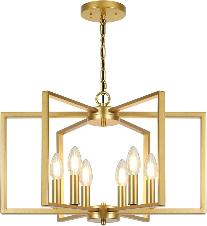 6 Light Gold Chandelier, Dining Room Light Fixture, Modern Farmhouse Industrial Metal Geometric Ceiling Light Rustic Hanging Pendant Lights with E12 base for Kitchen Island Entryway Foyer, Indoor