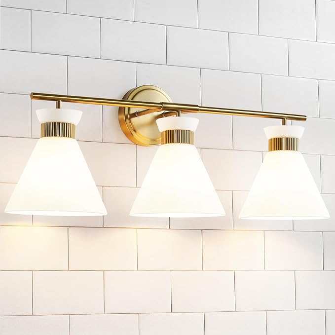 WOSHITU Bathroom Vanity Light Fixtures: 3-Lights Mid Century Modern Vanity Lights for Bathroom Over Mirror, Brushed Gold Wall Sconce Lighting with Frosted Milky Glass Shade for Bath Living Room