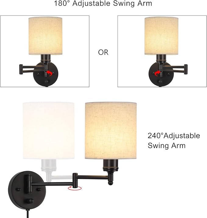 CADUKE Plug in Wall Sconce Set of 2, Swing Arm Wall Lamps | Modern, Bedroom Wall Light Fixtures, Linen Lampshade, For Reading Hallway Living Room