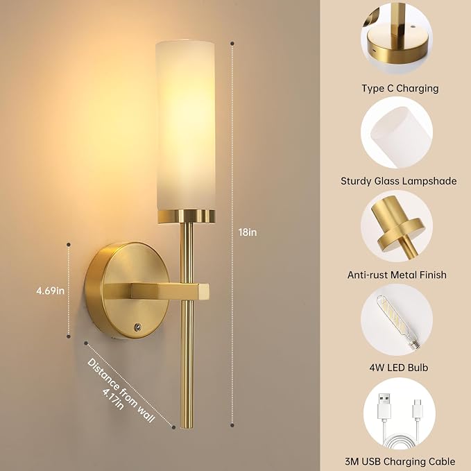 Shenmoyl Battery Operated Wall Sconces Set of 2, Gold Rechargeable Wall Lighting Fixtures, Dimmable Wall Lights with Remote & Opal Glass Shade for Living Room, Bathroom,Bedroom