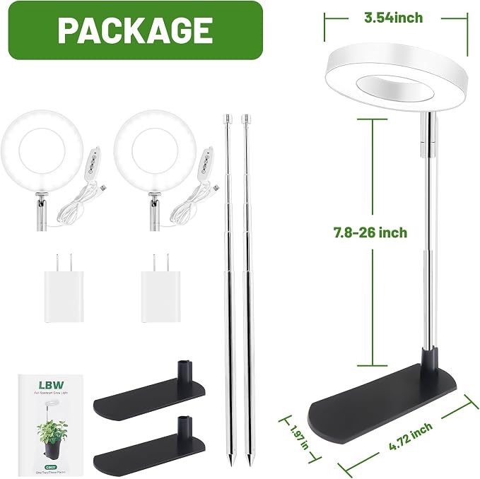 LBW Grow Light for Indoor Plants, Height Adjustable Plant Grow Lamp with Auto On/Off Timer 6/8/12/16H, 3 Colors,5 Dimmable Brightness, for Small Plants, White, 2 Packs | 48 LEDs Plant Lamp for Small Plant, Base/Soil Stake, 7.8-26" Adjustable, 6/8/12/16...