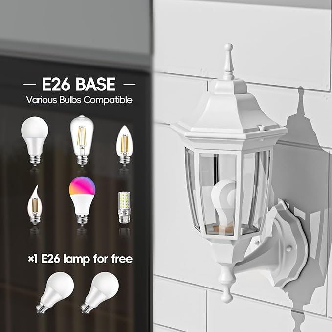 EMART Outdoor Front Porch Light, Exterior Anti-Corrosion, Waterproof Aluminum & Glass Shades Wall Lamp Fixture, Modern Sconce Lantern for Outside, House, Garage - 1 Pack, White (Bulb Included)