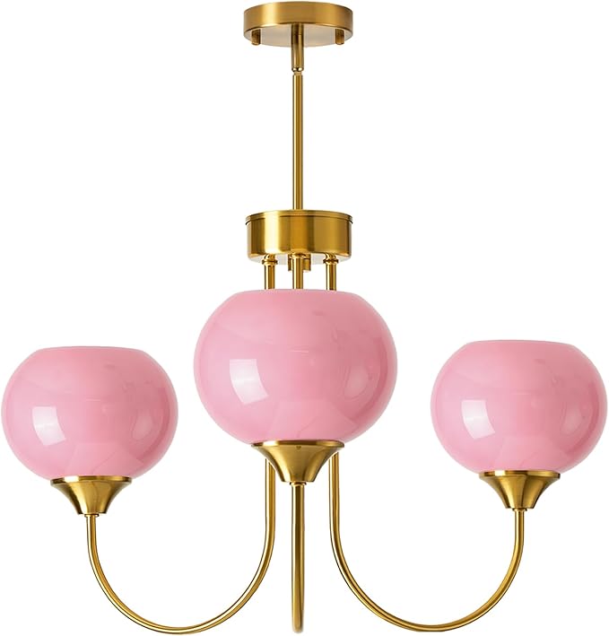 Pink Glass Globe Chandelier 3 Light Mid Century Modern Chandeliers with Rod Vintage Art Decor Ceiling Light Fixtures for Dining Room Kitchen Living Room